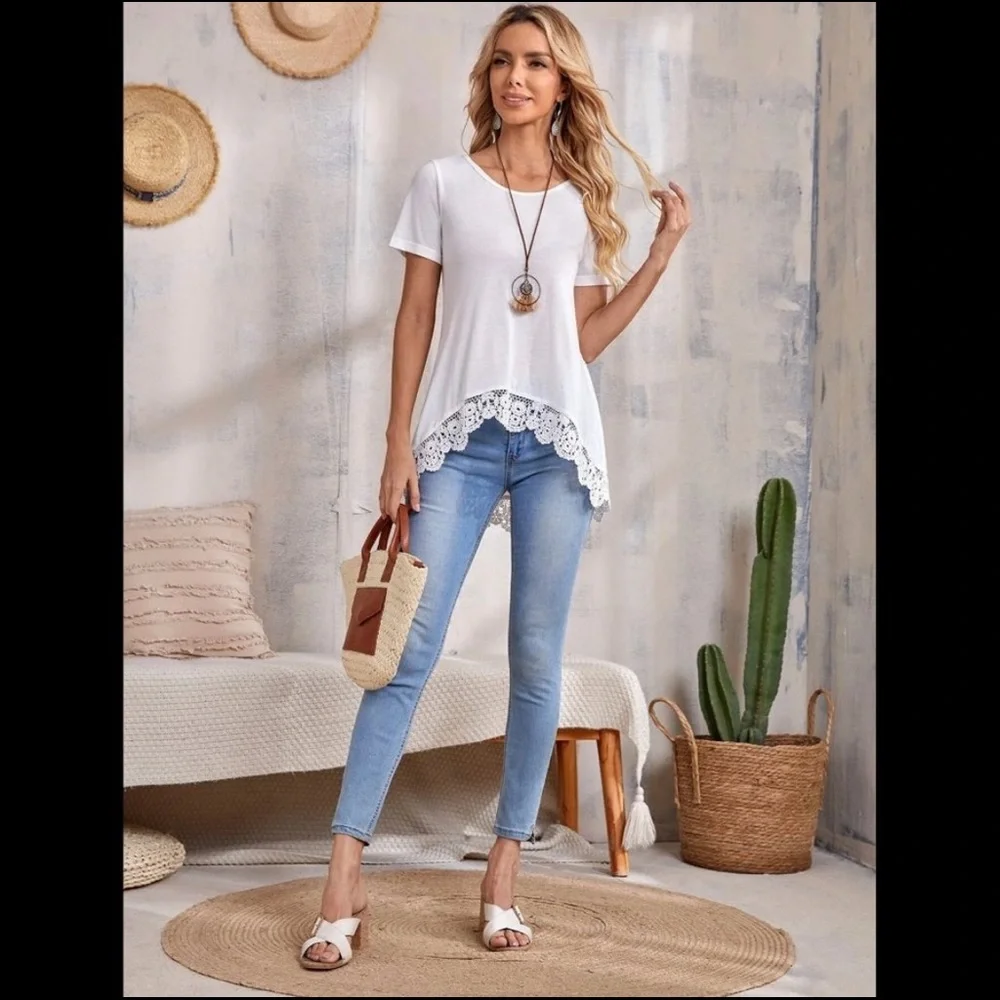 Asymmetrical Top with Scallop Lace Hem,SML - Picture 5 of 8